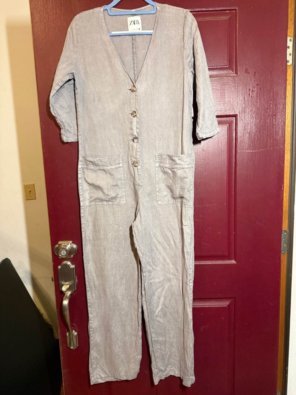 Zara Light Gray-Linen Button Front Jumpsuit size small